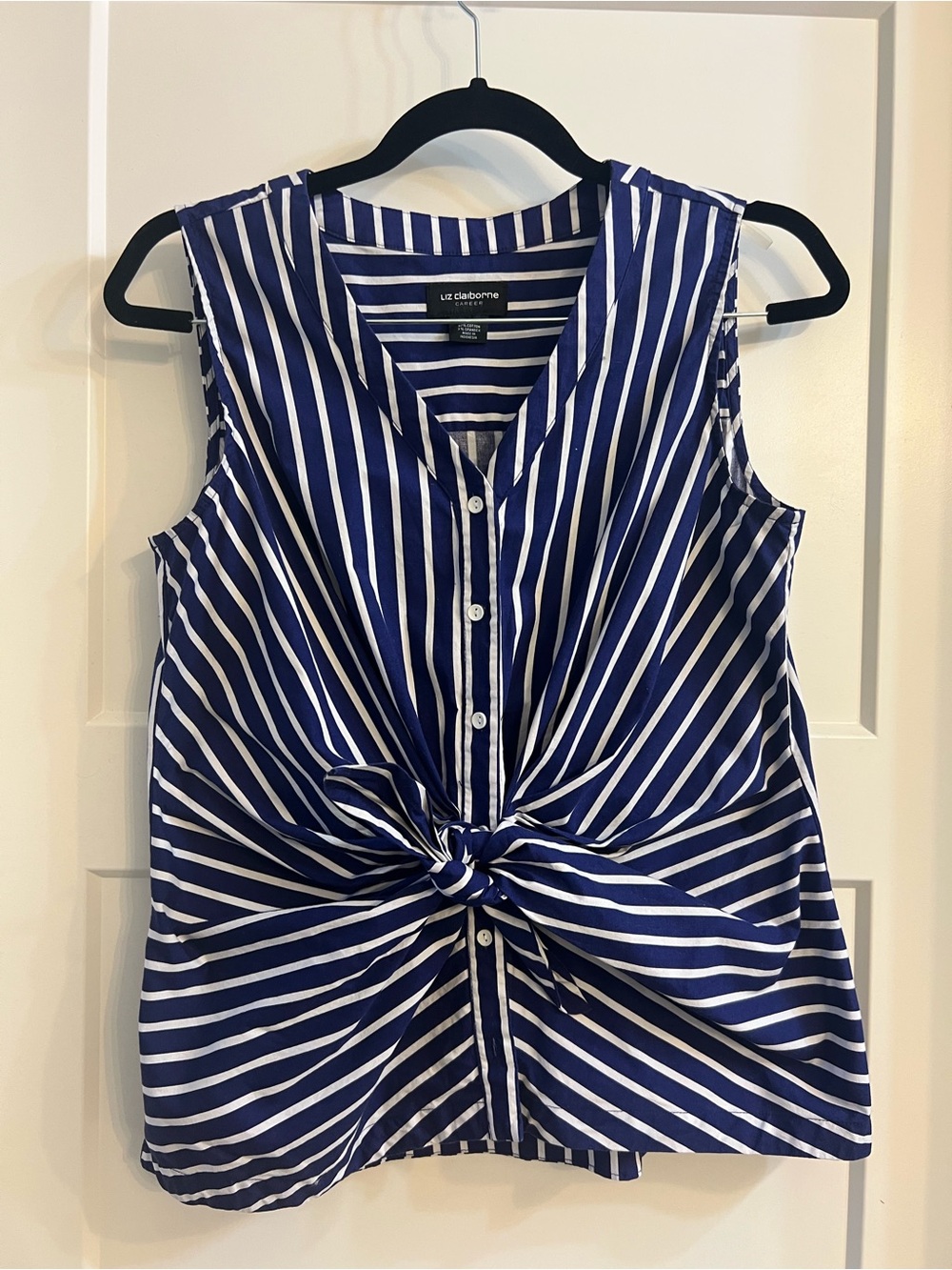 Liz Claiborne Purple & White Striped Button-Front Tie Waist Sleeveless Blouse